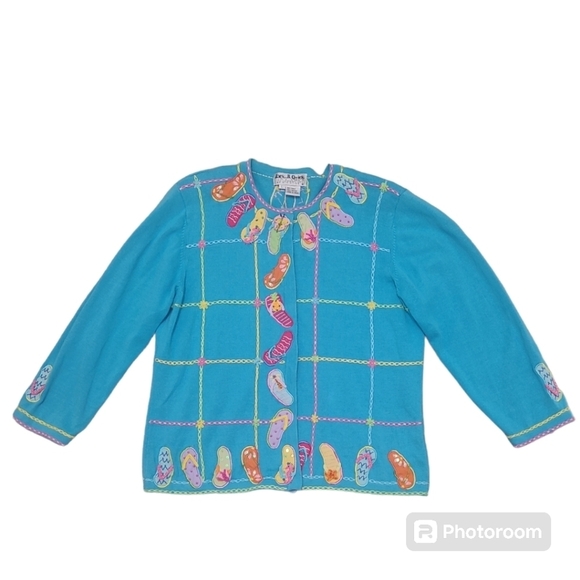 Jack B Quick Embroidered Blue Pink Yellow Cardigan Size Large - Picture 1 of 11